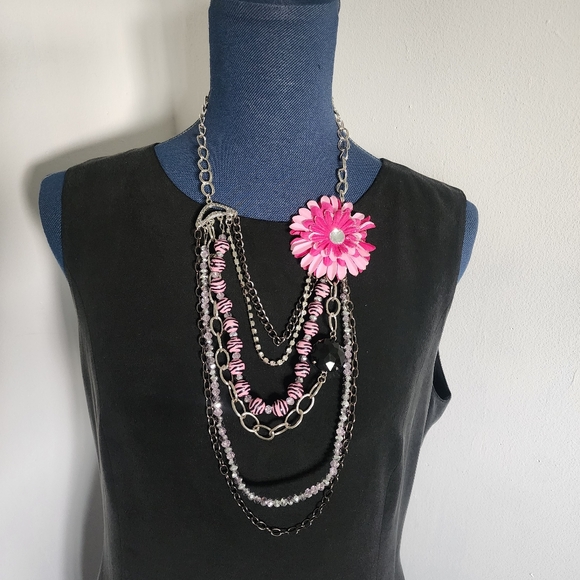 Multi Media Silver Chain Necklace with Pink Flower and Earrings Set New - Picture 3 of 8
